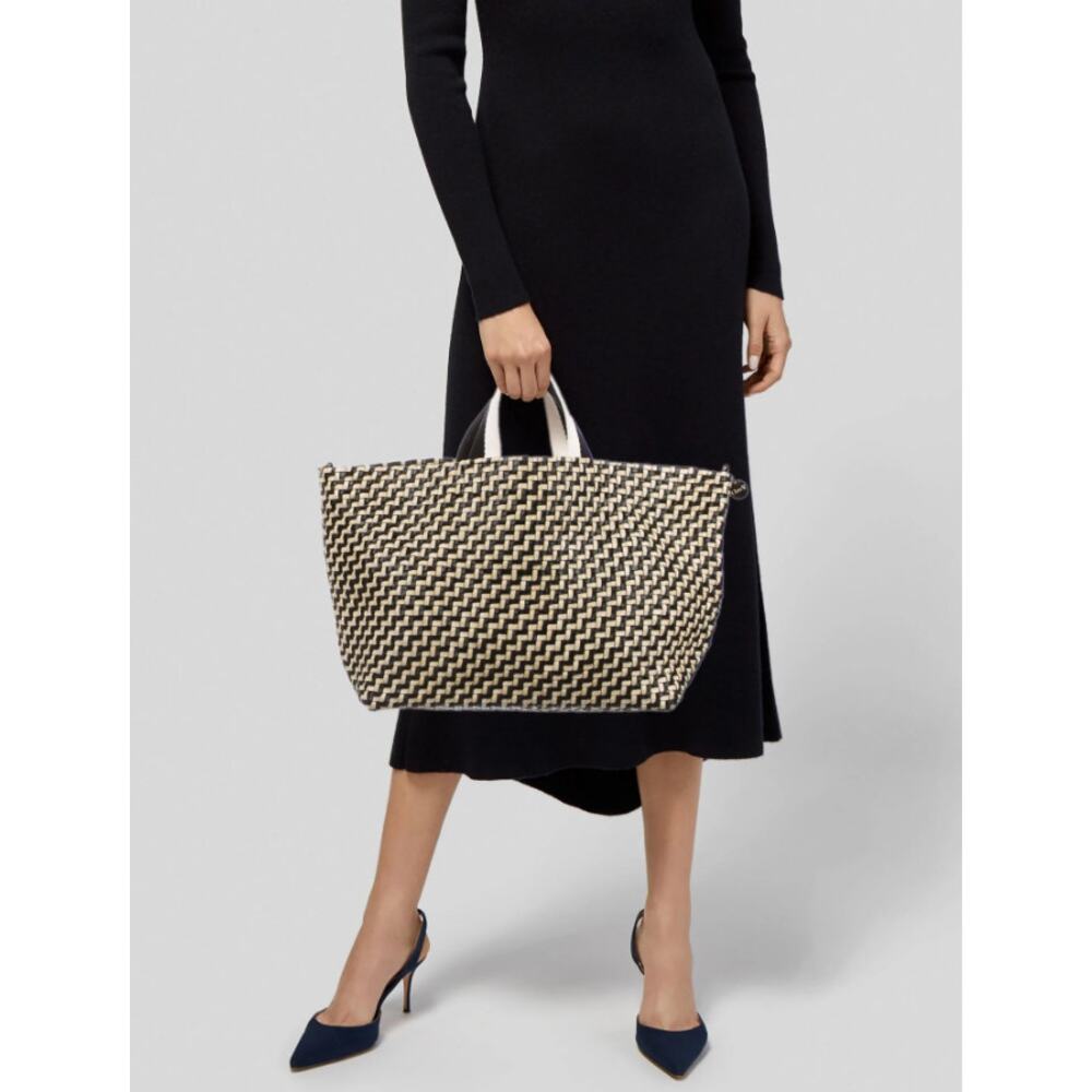 CLARE V. Bateau Leather Convertable Tote Bag Black and Cream Woven Zig Zag - Picture 2 of 9